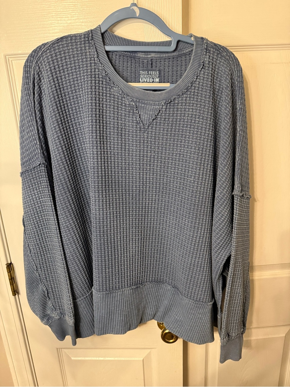 American Eagle Outfitters Women's Slate Blue Waffle Crewneck Sweater